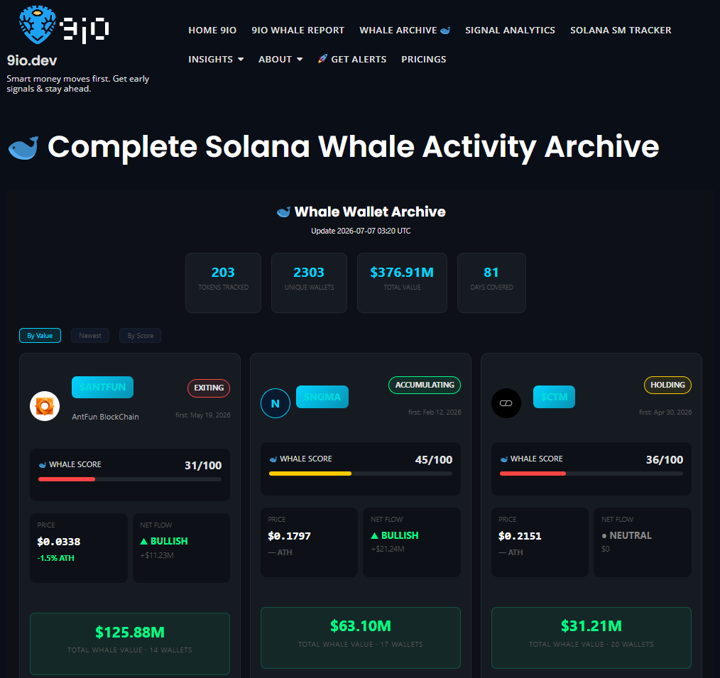 Solana whale tracking dashboard — 9io Smart Money Radar showing live whale wallet activity
