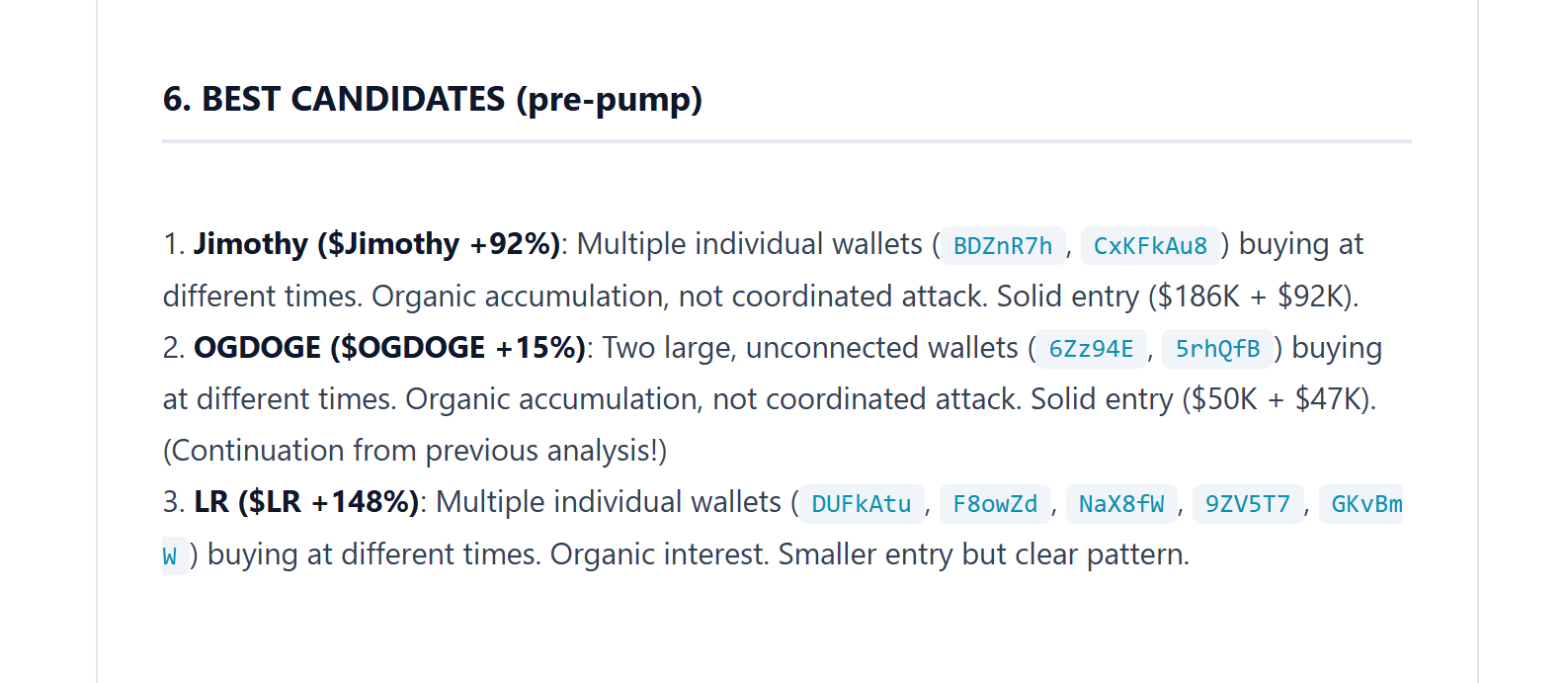 Ejemplo del resumen del correo electrónico 9io que muestra los tokens candidatos más prometedores con análisis de billetera